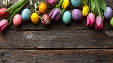 Fototapeta premium Colorful easter eggs and fresh tulip flowers arranged on rustic wooden table for spring holiday celebration and festive seasonal decoration