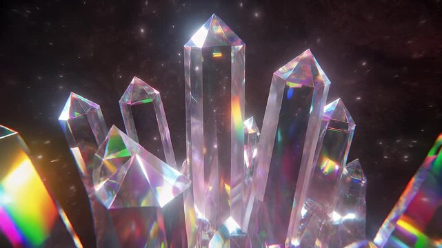 A close-up shot of a cluster of clear, multifaceted crystals reflecting a spectrum of colors against a dark, starry background.