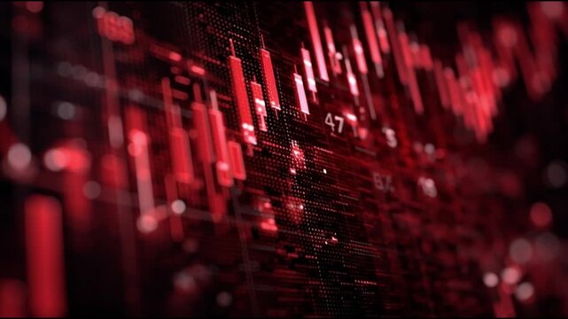 Recession fears stock market volatility. Economic downturn. Market uncertainty. Trading instability. Risk pressure. Abstract digital financial market data visualization in red tones.