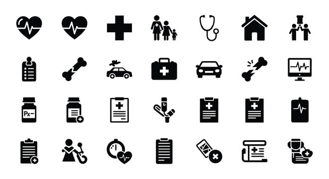 Collection of black medical icons depicting healthcare emergency and related services