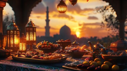 Ramadan Iftar table setting with Dates Dry Fruits and other nuts Mosque in Background
