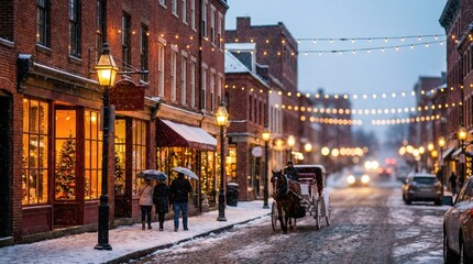 Fototapeta premium Snowy winter street with glowing lights and snowflakes concept. A charming winter street scene adorned with festive lights.