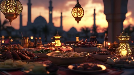 Ramadan Iftar table setting with Dates Dry Fruits and other nuts Mosque in Background