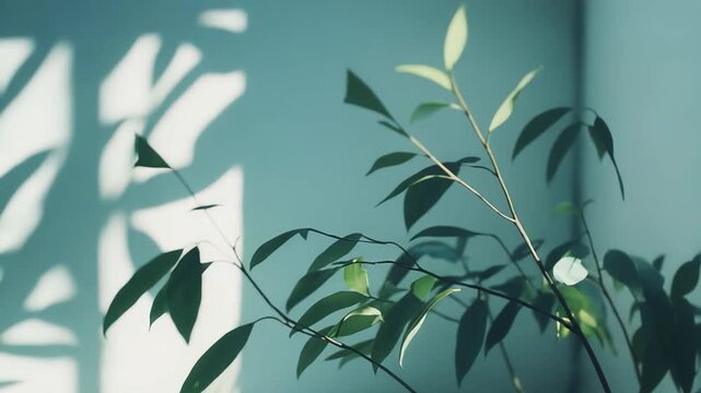 Plant branches with green leaves creating abstract shadow patterns on a light blue painted wall and flat surface, representing natural light effects and modern minimalist interior design