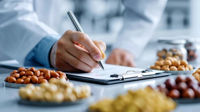 A worker inspects and monitors the quality of pine nuts while using a clipboard for notes. Different varieties of nuts surround the area, showcasing careful selection and attention to detail