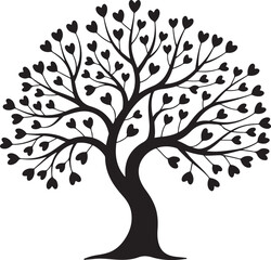 Obraz premium Vector illustration of decorative, abstract tree with hearts and couple of birds in black color on white background. Wall sticker