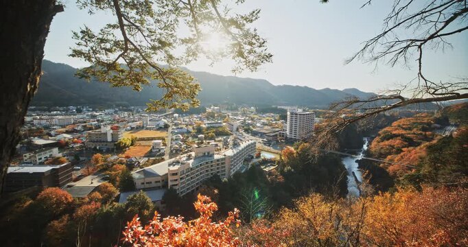Gorgeous autumn colors across Nikko, Japan from hill top - panning shot