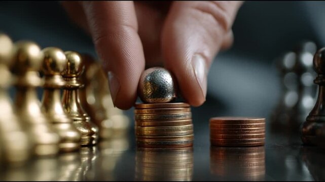 Recession fears stock market volatility. Economic downturn. Market uncertainty. Trading instability. Risk pressure. A hand placing a metallic ball over stacks of coins and chess pieces.