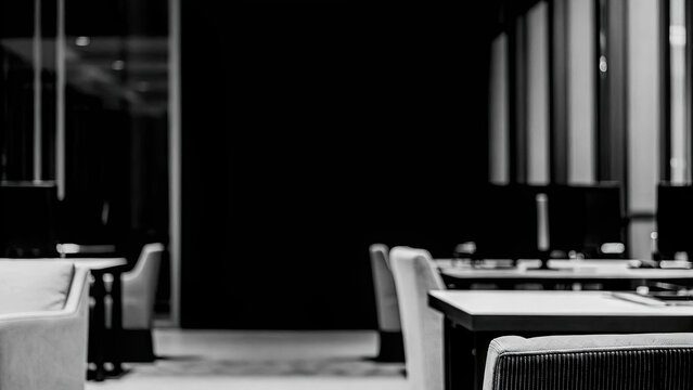 Modern office design with copy space and blurred background concept. A modern office space with empty tables and chairs in black and white.