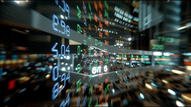 Recession fears stock market volatility. Economic downturn. Market uncertainty. Trading instability. Risk pressure. A vibrant cityscape with illuminated stock market data displays.