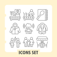 Fototapeta premium Workbench, coat, couple simple icons set representing industry, work, home and lifestyle items in outline style for apps and print on white background. Set of nine thin line icons.