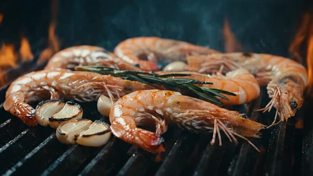 Succulent prawns and mushrooms grilling on a barbecue with flames in the background