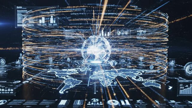 Futuristic digital globe surrounded by rotating data streams and holographic world map with glowing interface elements and radial light streaks, network visualization conveying global connectivity