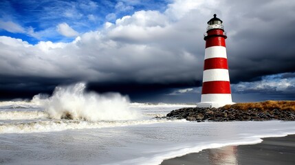 Obraz premium Dramatic Coastal Lighthouse with Crashing Waves Under Stormy Sky