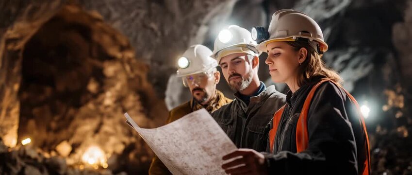 Mining team discussing work plan on site. teamwork, safety, planning, and collaboration