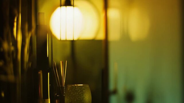 Bottle and reed diffuser sticks creating a tranquil atmosphere, reflecting warm golden and amber light in a cozy, blurred setting, evoking relaxation and home comfort