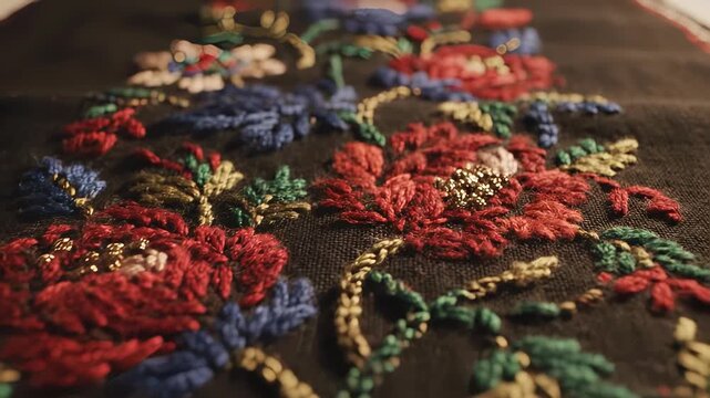 Close-up of intricate floral embroidery on dark fabric.