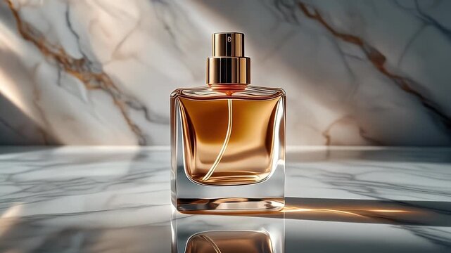 A luxurious amber-colored perfume bottle with a golden cap, elegantly displayed on a reflective white marble surface with natural light and shadows.