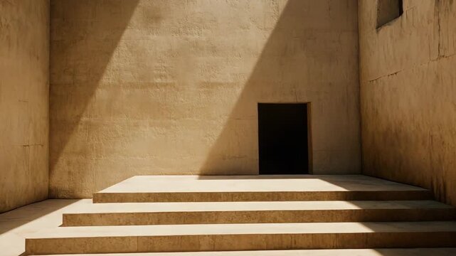Empty minimalistic room featuring rough textured cement walls and a series of wide steps leading up to a dark doorway, illuminated by striking natural daylight