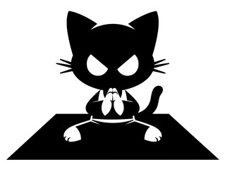 Angry cat character illustration sitting on a yoga mat showing tension focus and humor with a bold black and white minimal graphic style for yoga wellness and mindfulness concepts.
