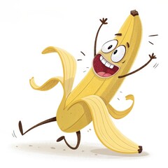 Fototapeta premium An Exuberant Cartoon Banana Character Slipping Joyfully on Its Own Peel