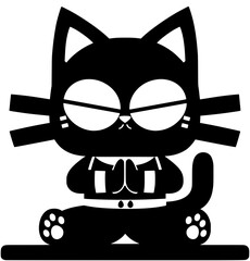 Meditating cat character illustration sitting in a yoga pose showing calm balance mindfulness and zen harmony in a bold black and white minimal graphic style for wellness concepts.