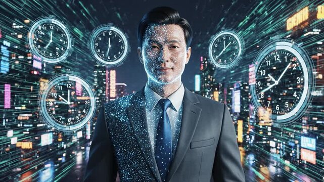 Digital businessman portrait of futuristic city skyline sunset composed of glowing data particles, holographic keyboard and floating clocks with digital clock interfaces, time management