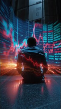 Recession fears stock market volatility. Economic downturn. Market uncertainty. Trading instability. Risk pressure. A person observing dynamic financial data visualizations.