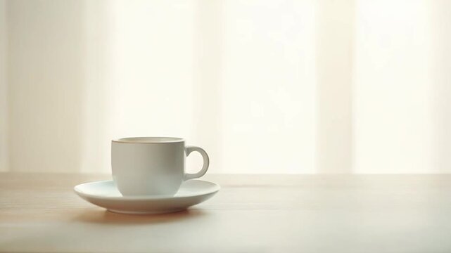 Warm coffee mug sitting on a light wooden table and receiving soft morning sunlight through a window, creating a peaceful and serene atmosphere for a relaxed start to the day