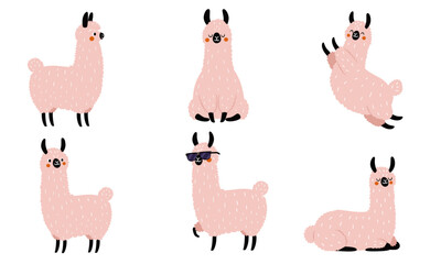 Obraz premium A set of vector illustrations in a simple children's style. Cute llamas in different poses. . Vector illustration