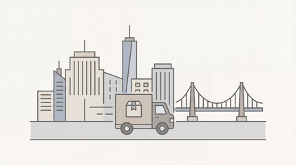 Fototapeta premium Urban Delivery Truck Driving Past City Skyline and Bridge. Modern Logistics and Transportation Concept Illustration.