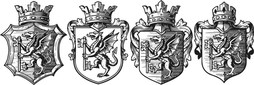 Medieval heraldic shields with crowned griffin holding a key, vintage coat of arms set