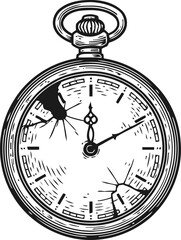 Vintage pocket watch with cracked glass and ornate hands, monochrome engraving
