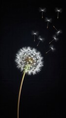 Obraz premium Dandelion Seeds Flying on Black Background