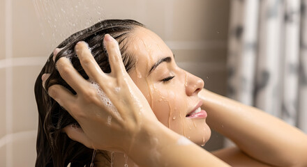 Obraz premium Close up of beautiful young woman washing her hair with shampoo foam in the shower
