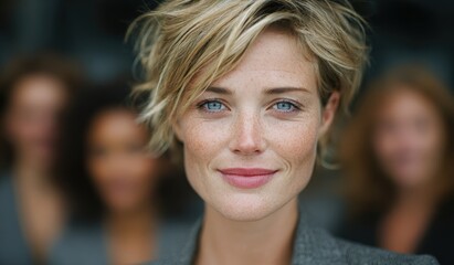 Fototapeta premium Female model with short blonde hair and blue eyes poses confidently in front of blurred background featuring three women, showcasing natural beauty and elegance