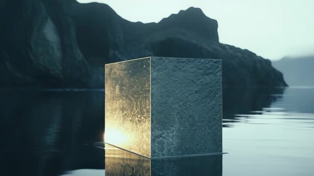Textured cube rising from calm dark water, its surface illuminated by a warm beacon, reflecting light against a mysterious, cold, minimalist sci fi landscape