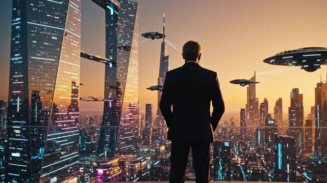 Man in suit looking out over futuristic cityscape with ufos flying overhead at sunset