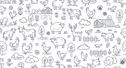 Obraz premium Cute black and white seamless chicken farm pattern with coops, eggs, and rural farmhouse vector illustration for textiles and home decor