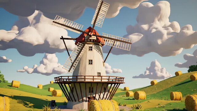 Stylized windmill in rolling hills, hay bales, cumulus clouds