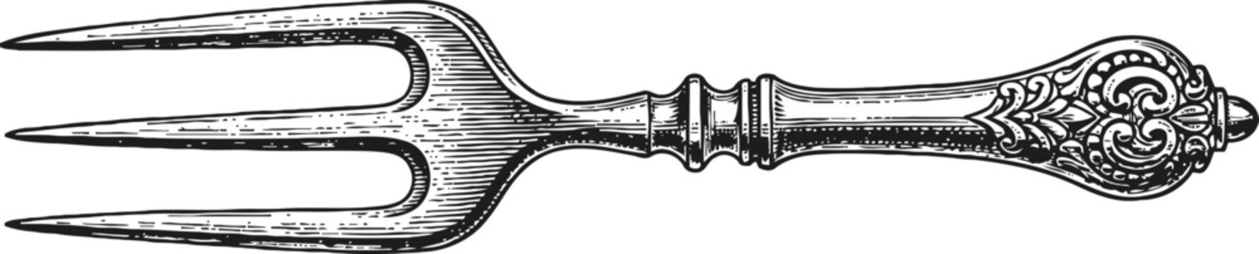 Vintage ornate silver fork with decorative handle, antique cutlery engraved design
