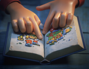 Child Hands Pointing at Illustrated Book Page Learning Concept