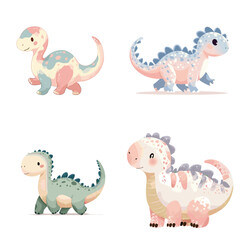 Adorable baby dinosaur characters walking and standing in pastel colors. Cute cartoon illustration set ideal for kids books nursery decor and playful educational projects.