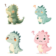 Obraz premium Cute baby dinosaur characters showing confused and sad emotions in soft pastel colors. Adorable cartoon illustration perfect for kids education emotions learning and nursery designs.