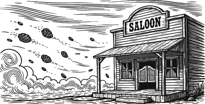 Old western saloon building with swinging doors and windy environment vintage line art