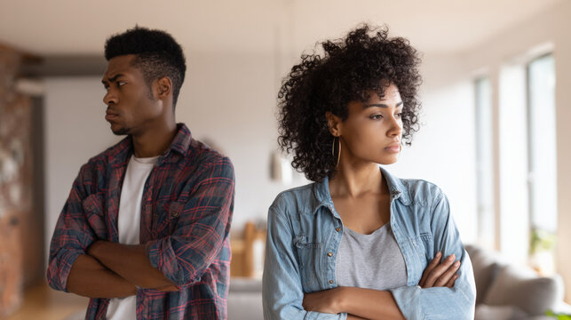 Young couple argument conflict relationship stress home interior, man and woman standing apart with arms crossed
