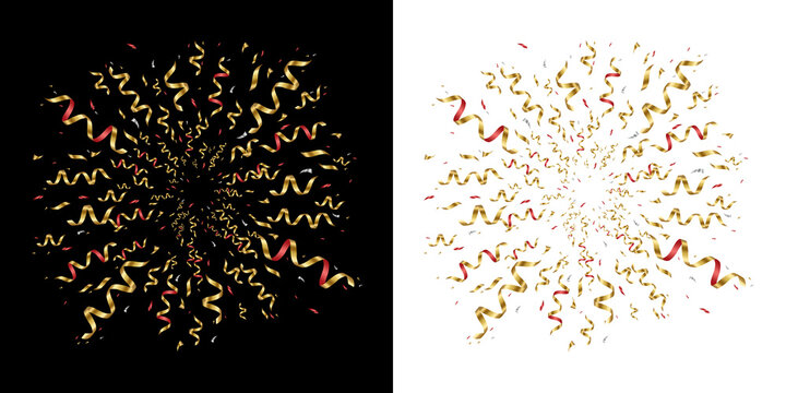 Gold and red metallic ribbon confetti explode on transparent background, radial streamer gold burst efect for celebration, party, New Year, wedding,  and festive design overlays and luxury elements.