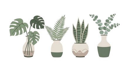 Green Plants in Ceramic Pots Flat Botanical Set