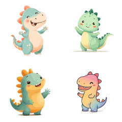 Obraz premium Happy baby dinosaur characters standing and waving in bright pastel colors. Cute cartoon illustration set perfect for kids products stickers books and playful designs.