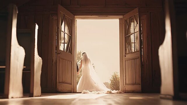 Wedding couple exits charming chapel together concept. The couple holds hands, basking in the sunlight as they step into a bright future.